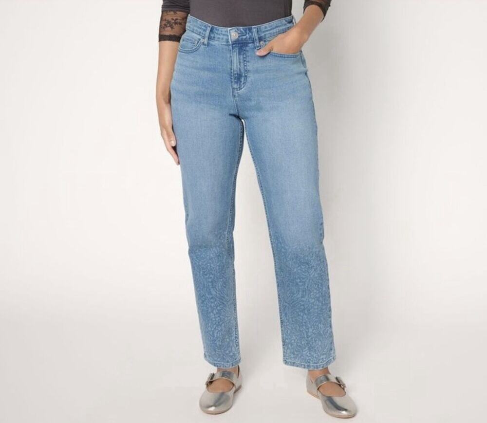 LOGO by Lori Goldstein Women's Ombre Straight Leg Ankle Jeans Size 4 Stretch Zip